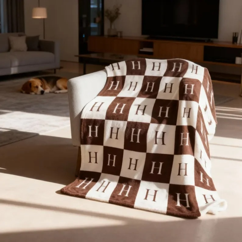 Cashmere Throw Blanket - Grid Letter Blanket Plush Blanket Fleece